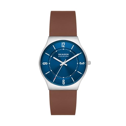 Skagen Men's Grenen Three-Hand Date Watch, Ocean Blue Dial, Espresso Leather