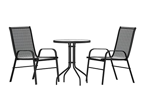 Flash Furniture 3-Piece Patio Set - 23.75" Round Tempered Glass Table with 2 Flex Comfort Stack Chairs
