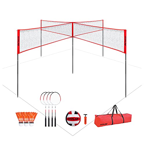 FITPLAY 4-Way Volleyball/Badminton Net Set for All Ages