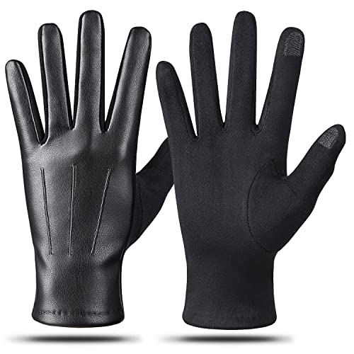 Kebesu Winter Fashion Leather Gloves for Men - Touch Screen Texting, Wool Lined, Outdoor Warm Suede Driving Gloves