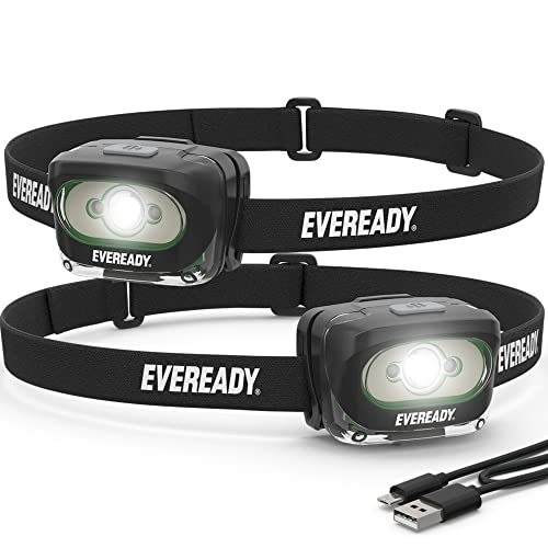 Eveready Rechargeable LED Headlamps (2-Pack), IPX4 Water Resistant Head Lights for Running, Camping, Emergency, Outdoors