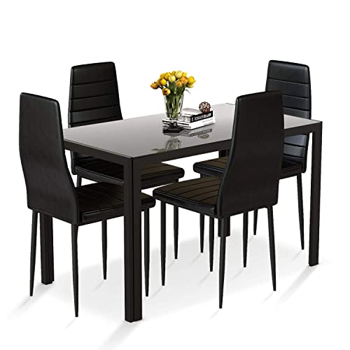 Recaceik 4-Seater Glass Dining Table Set with Upholstered PU Leather Chairs