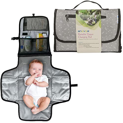 Portable Diaper Changing Pad with Built-in Head Pillow - Grey Leaf Design