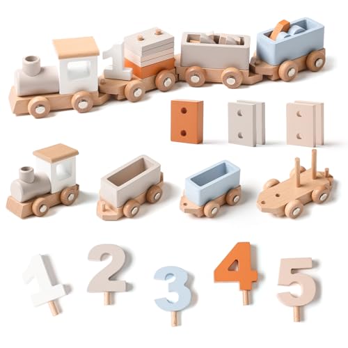 Wooden Train Set for Toddlers with Numbers and Blocks
