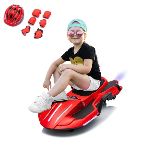 Kids Ride on Scooter with Helmet & Safety Gear, Electric Toy Car, Spray Function, Gravity Steering, Lights, Music - Red