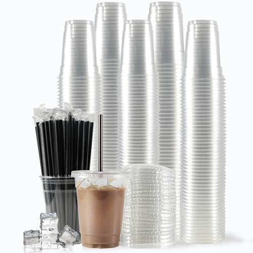 100 Sets - 12oz Plastic Cups with Lids and Straws