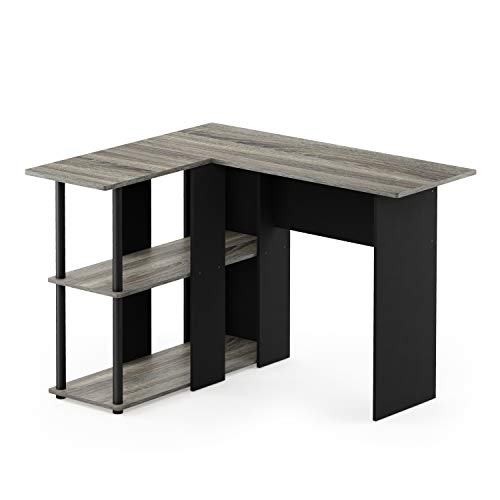 Furinno L-Shape Desk with Bookshelf, French Oak Grey/Black