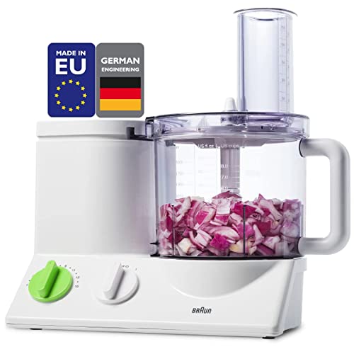 Braun FP3020 Food Processor - 12 Cup Ultra Quiet Powerful Motor, Includes 7 Attachment Blades, Chopper, and Citrus Juicer, Engineered in Germany, White