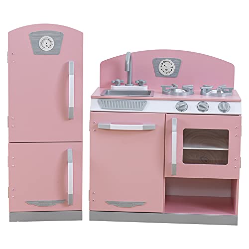 KidKraft Retro Wooden Play Kitchen and Refrigerator Set in Pink