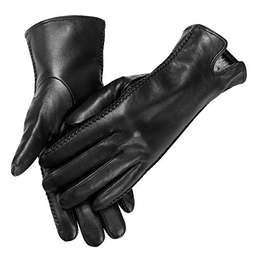 MaxW Winter Women's Leather Gloves - Black Sheepskin Touchscreen Mittens