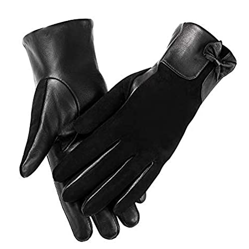 MaxW Winter Women's Leather Gloves - Black Touchscreen Sheepskin Gloves with Faux Rabbit Fur Lining