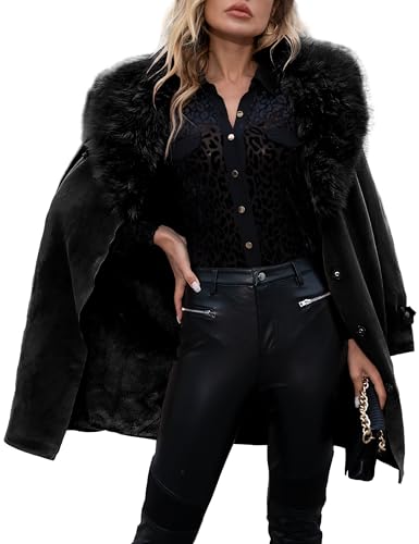 Giolshon Women's Faux Suede Leather Jacket - Trench Long Cardigan with Detachable Fur Collar