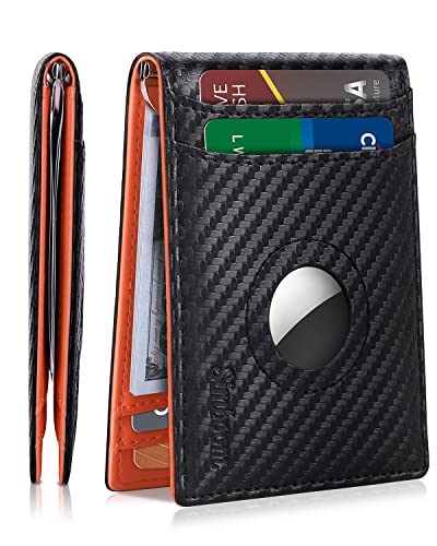 Simboom Airtag Wallet for Men, Slim RFID Blocking Bifold with Money Clip, Carbon Black &amp; Orange