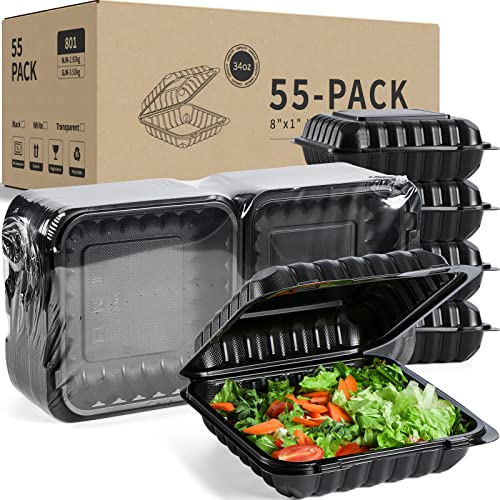 YANGRUI Biodegradable Take Out Containers, 55 Pack 8-Inch Plastic Hinged Clamshell Food Containers