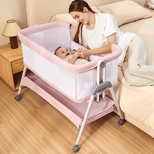 Baby Bassinet Bedside Sleeper with Wheels, Adjustable Height (Pink)