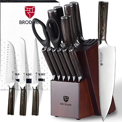 BRODARK 15-Piece Professional Kitchen Knife Set with Block