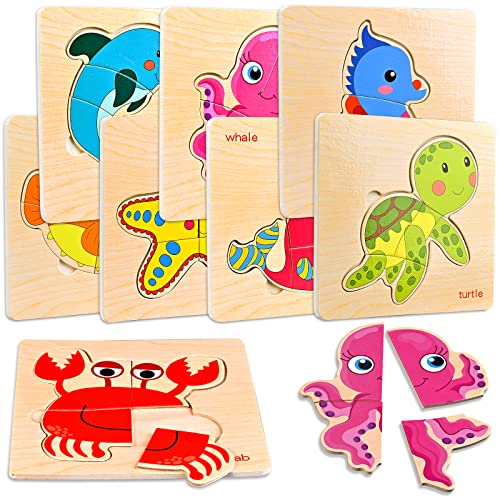 Wooden Puzzles for Toddlers, 8pcs Sea Animal Shapes