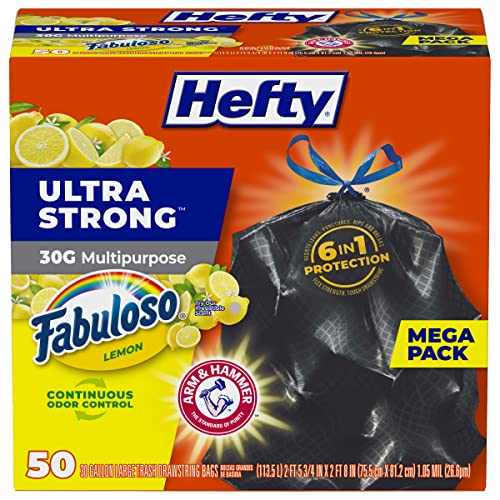 Hefty Ultra Strong Large Trash Bags, Fabuloso Lemon Scent, 30 Gallon, 50ct