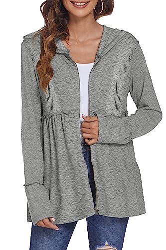 DEESHA Women's Ruffle Hooded Sweatshirt Jacket, Grey