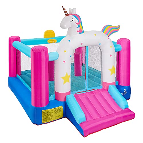 Hoovy Unicorn Themed Bounce House with Built-in Trampoline, Punching Bags, Slide & Blower
