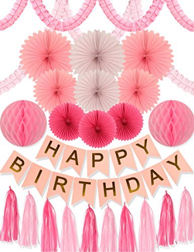 Pink Birthday Party Decoration Set with Gold Letters