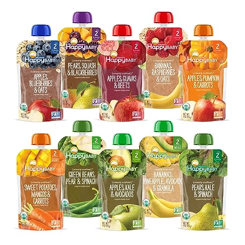 Happy Baby Organics Stage 2 Baby Food Pouches, Gluten-Free, Vegan, Fruit & Veggie Puree Variety Pack - Healthy Snack, 4 Ounces (Pack of 10)