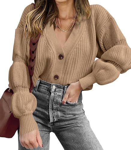 Women's V Neck Long Sleeve Cardigan Sweater, Light Camel