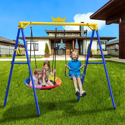 Backyard Swing Set with Saucer and Belt Seat